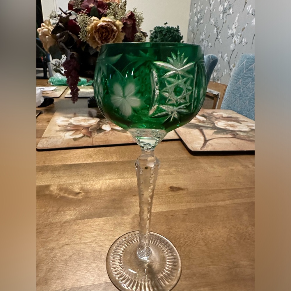 Green emerald cut to clear crystal goblet made in Germany